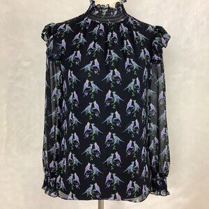 Ted Baker Black Blue Zabrina Lovebirds Ruffle Blouse XS